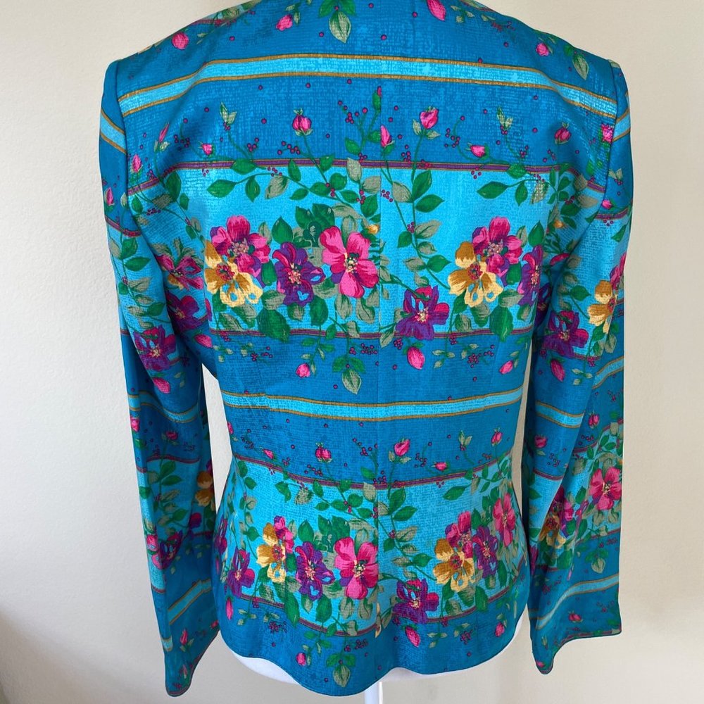 Adrianna Papell Silk Blazer Jacket 8 Blue Pink Floral Cottagecore Elegant Top - Picture 6 of 8